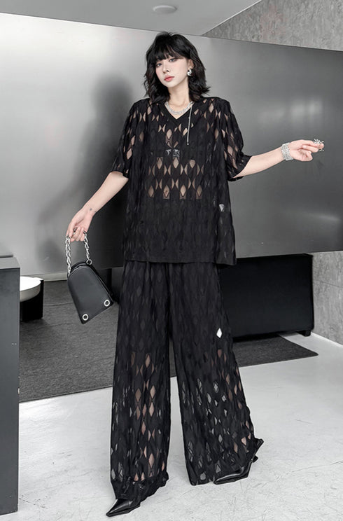 Mesh Diamond Pattern Tops & Pants Co-ord